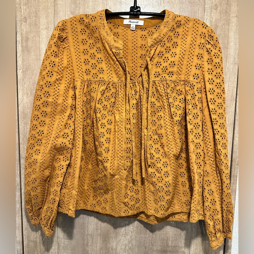 Madewell Eyelet double-tie peasant blouse, top. Medium, mustard color.